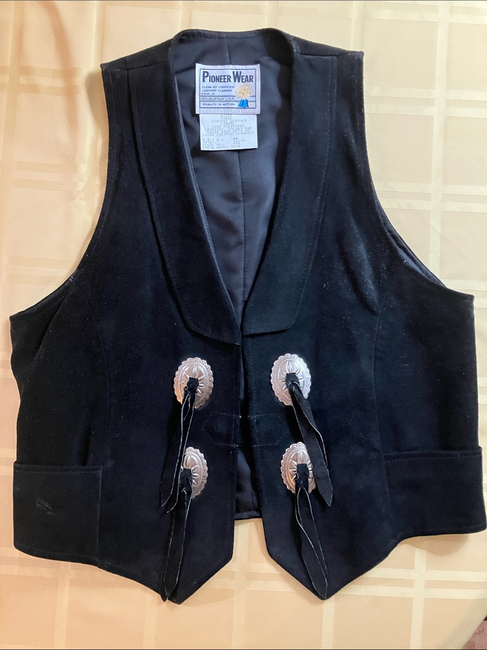 PIONEER Wear Black Suede Vest w/ conch accents